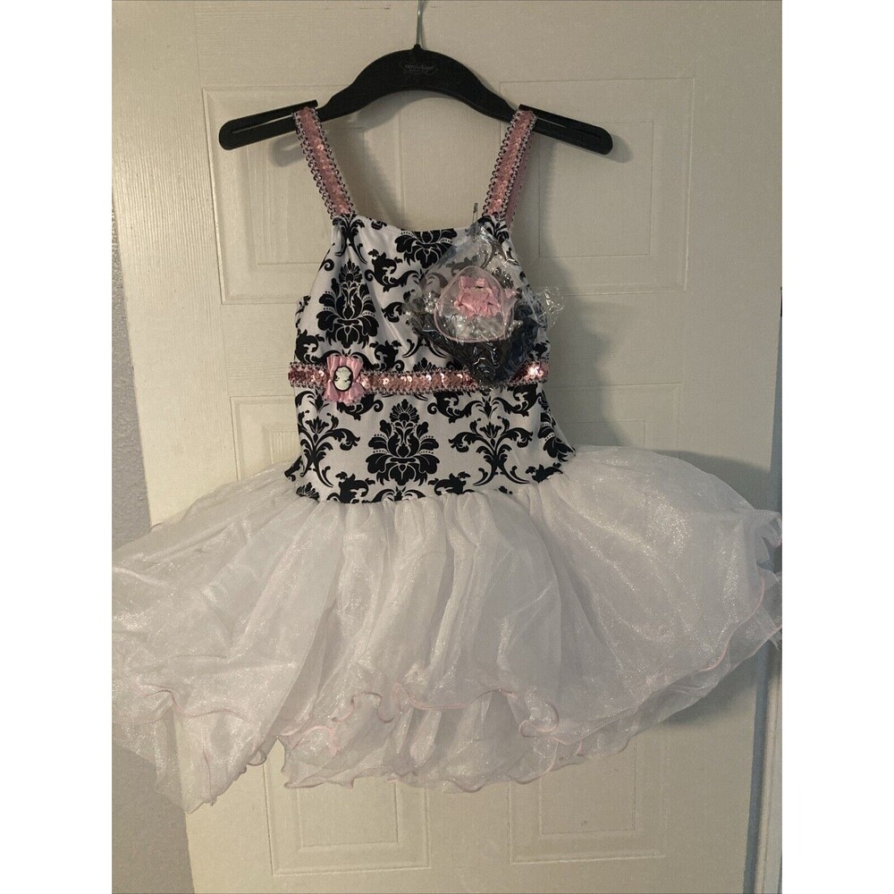 Size L Dance Recital Costume Dress Up Ballerina White Black W/ Gloves Choker Hai